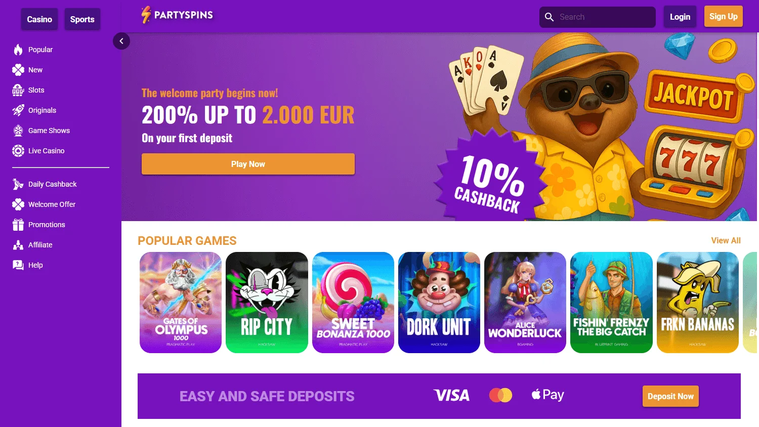 Partyspins Casino desktop home view