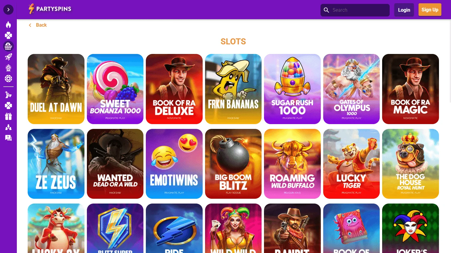 Partyspins Casino desktop games view