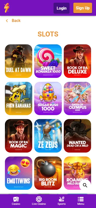 Partyspins Casino mobile games view