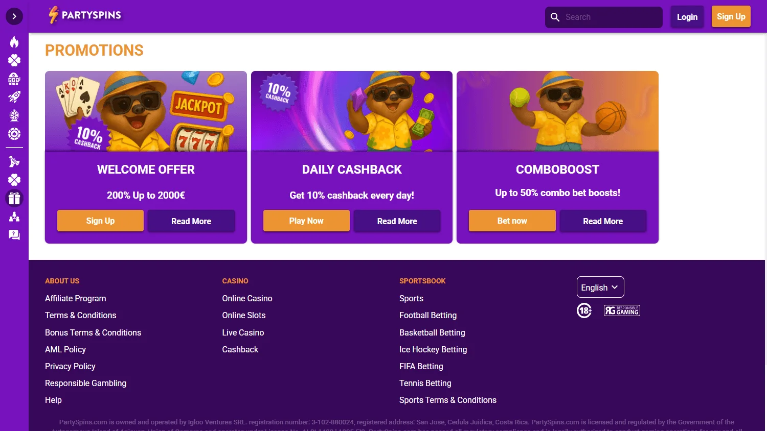 Partyspins Casino desktop promotions view